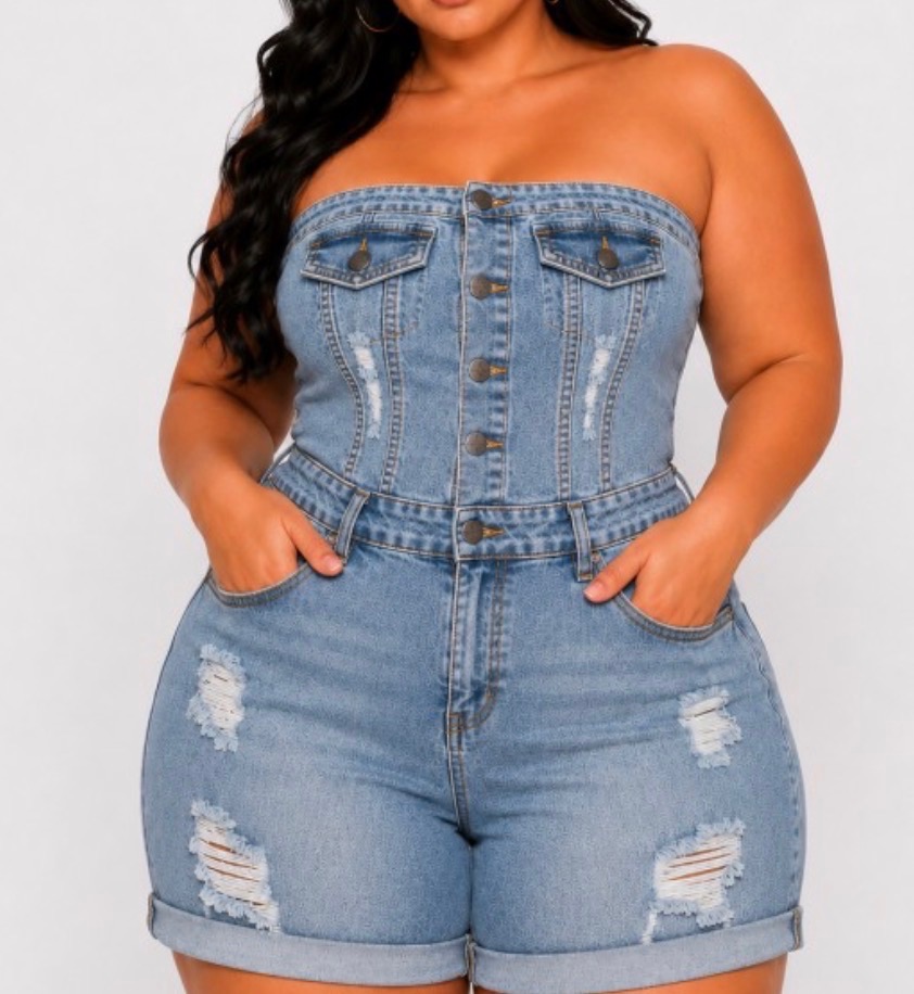 Plus-Size Strapless Distressed Denim Romper