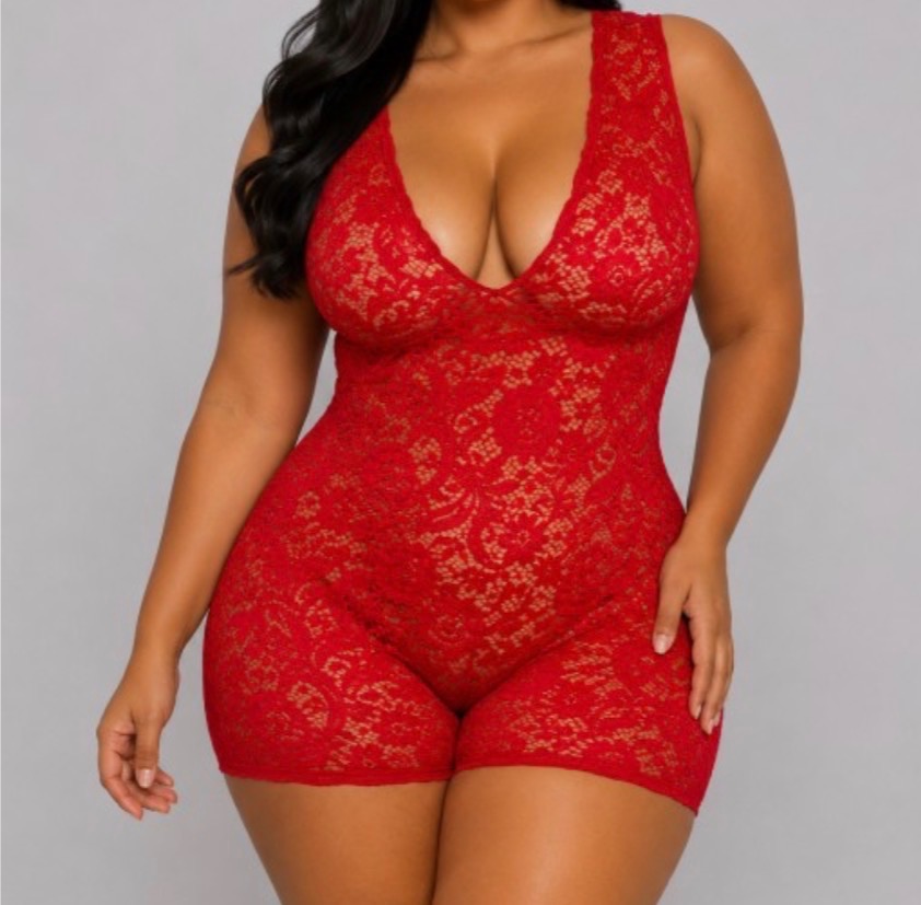 Plus-Size Cherry-Red Lace Romper